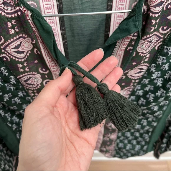 Sea New York NY blouse green pattern cotton top tassels boho bohemian India 2 XS - Picture 4 of 10